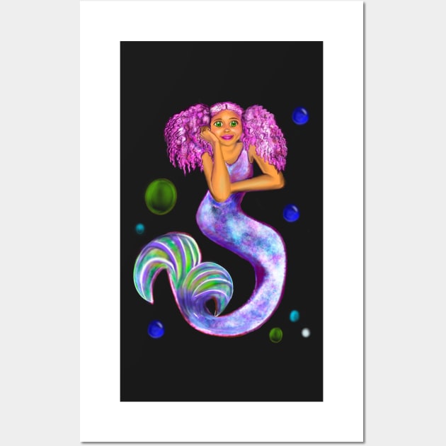 Magical rainbow mermaid with green eyes, pink hair and caramel brown skin Wall Art by Artonmytee